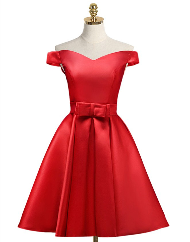 Red Short Dress Featuring Off The Shoulder Plunge V Neckline, Bow Accent Belt And