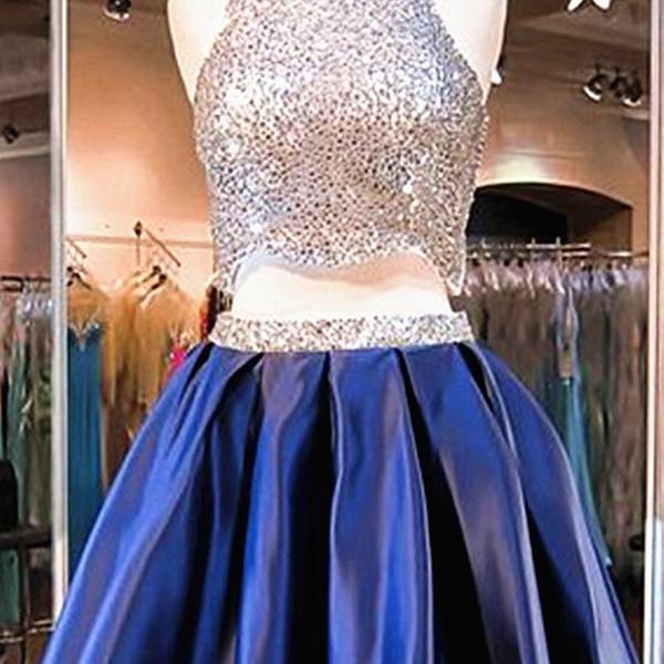 Navy Blue Dress,2 Piece Beading Gowns,Short Bling