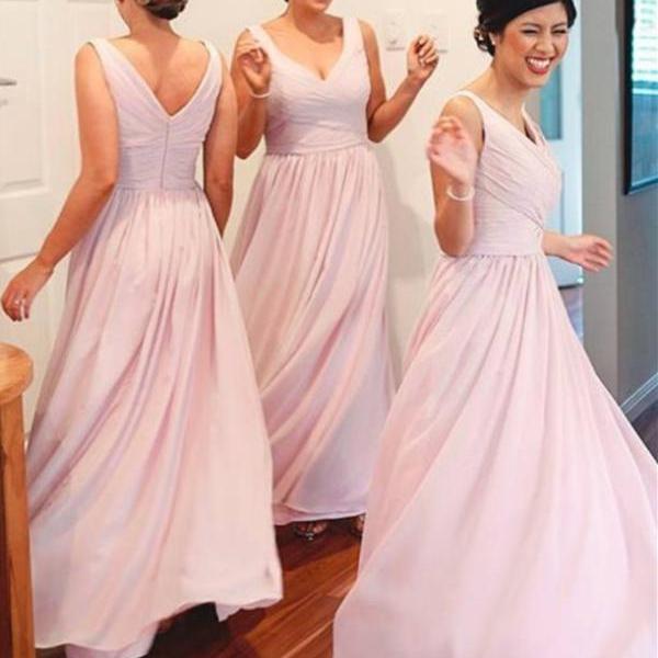Long Sleeves Bridesmaid Dress,Pink Elegant Sheath Bridesmaid Dress,V