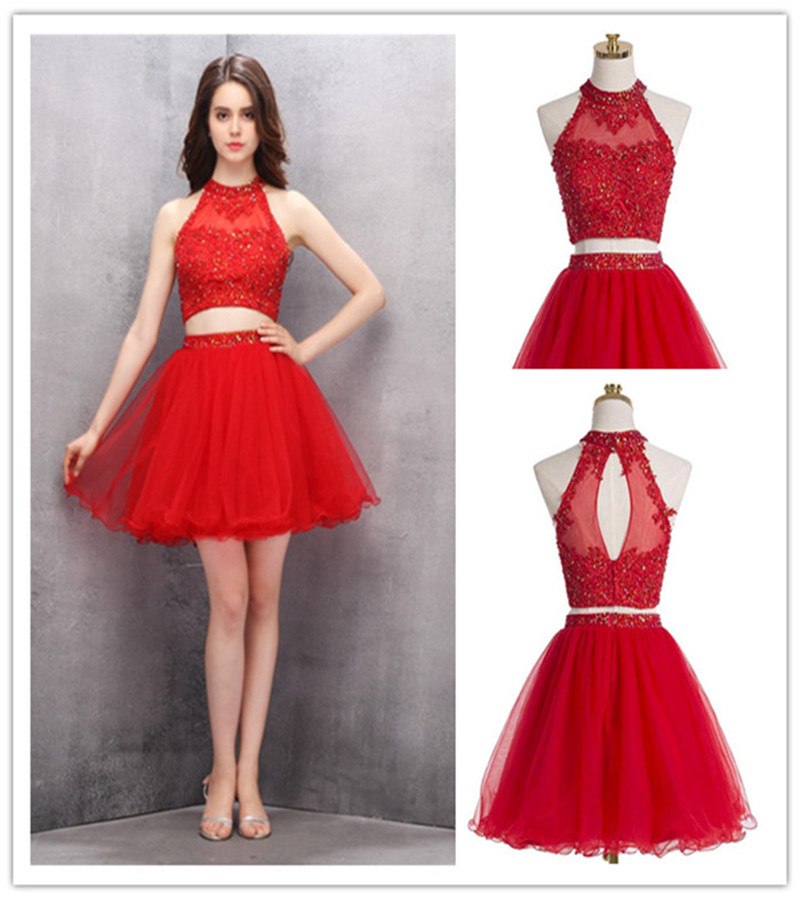 Beading Homecoming Gown Two Piece Scoop Homecoming Dress Short Red