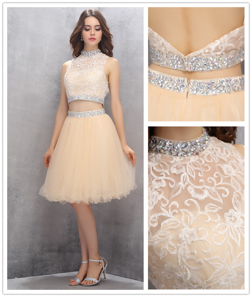 High Neck Champagne Homecoming Dress Two Piece Homecoming Dress Tulle