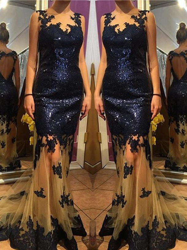 Sexy Mermaid Evening Dressnavy Blue Prom Dresstulle V Neck Sweep Train Sequins Prom Dress